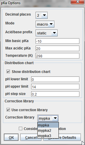 pKa options panel in Marvin